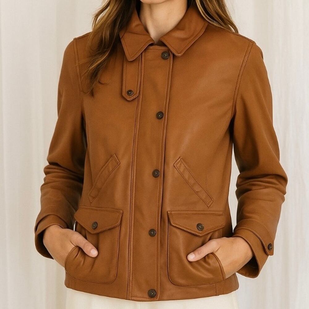 Eddie Bauer 90s Minimalist Classic Lamb Leather Jacket In Caramel Brown Small